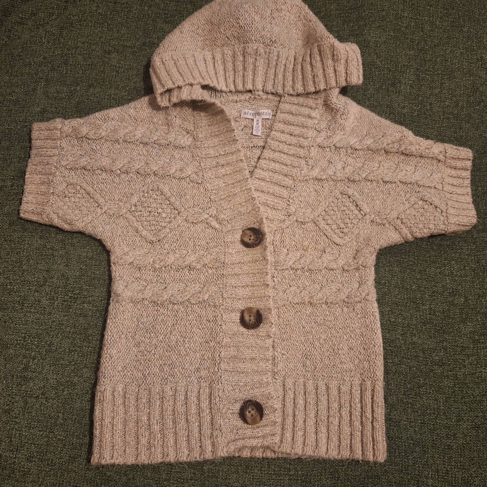 Cream Aeropostale Button Up Knit Cardigan with Hood
